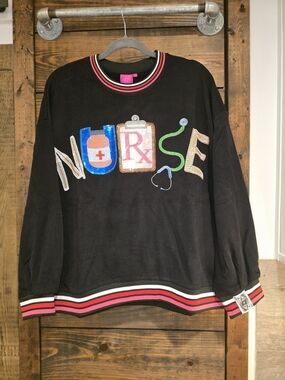 QUEEN OF SPARKLES Black Nurse Appliqué Crewneck Sweatshirt